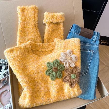 FA53189# 韩系立体花朵气质圆领毛衣女秋冬慵懒风宽松针织衫糖果色短款上衣 服裝批發女裝批發服飾貨源