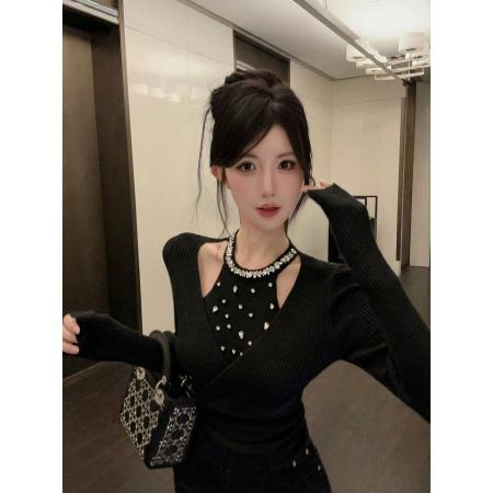 FA53191# 新款设计感重工镶钻气质挂脖显瘦百搭假两件上衣女 服裝批發女裝批發服飾貨源