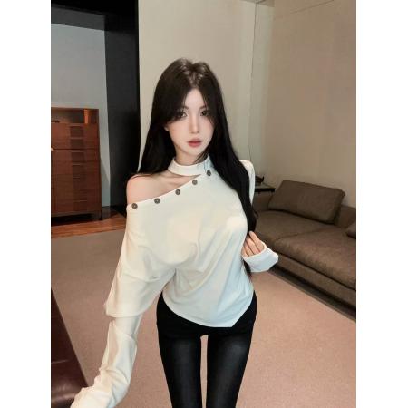 FA53192# 新款辣妹纯欲设计感钉扣挂脖镂空露肩洋气百搭T恤上衣女 服裝批發女裝批發服飾貨源