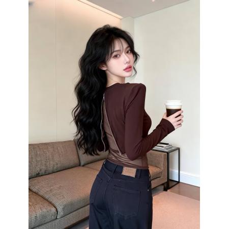 FA53193# 新款设计感辣妹后背网纱拼接长袖t内搭打底衫上衣女 服裝批發女裝批發服飾貨源