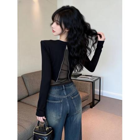 FA53193# 新款设计感辣妹后背网纱拼接长袖t内搭打底衫上衣女 服裝批發女裝批發服飾貨源