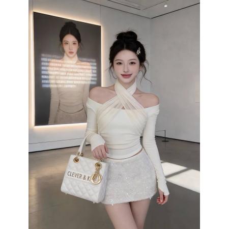 FA53194# 新款辣妹纯欲设计感气质挂脖露肩显瘦上衣+防走光短裙套装 服裝批發女裝批發服飾貨源