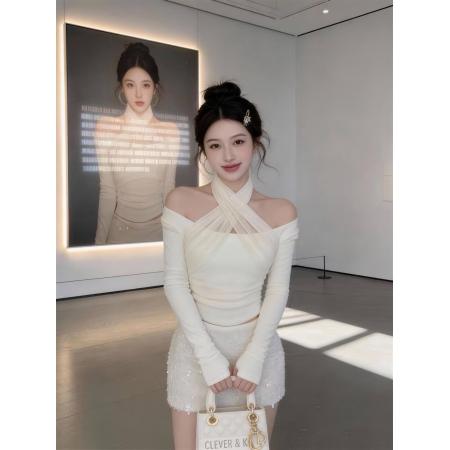 FA53194# 新款辣妹纯欲设计感气质挂脖露肩显瘦上衣+防走光短裙套装 服裝批發女裝批發服飾貨源