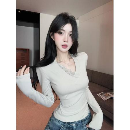 FA53197# 新款V领拼接蕾丝交叉修身显瘦内搭上衣长袖T恤女 服裝批發女裝批發服飾貨源