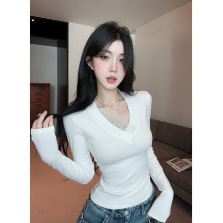 FA53197# 新款V领拼接蕾丝交叉修身显瘦内搭上衣长袖T恤女 服裝批發女裝批發服飾貨源