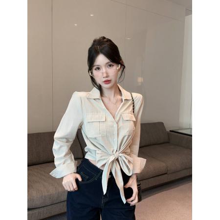 FA53198# 新款纯欲辣妹Ｖ领重工设计感双口袋绑带衬衫女 服裝批發女裝批發服飾貨源