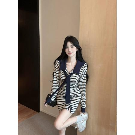 FA53199# 新款纯欲POLO领长袖设计感显瘦辣妹气质连衣裙女,,配披肩 服裝批發女裝批發服飾貨源