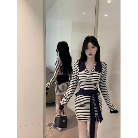 FA53199# 新款纯欲POLO领长袖设计感显瘦辣妹气质连衣裙女,,配披肩 服裝批發女裝批發服飾貨源