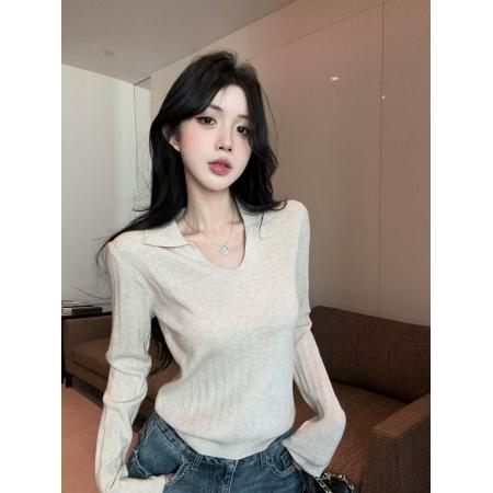 FA53200# 新款锁骨坑条u翻领软糯坑条安迪绒内搭长袖打底修身上衣女 服裝批發女裝批發服飾貨源