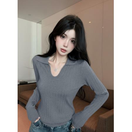 FA53200# 新款锁骨坑条u翻领软糯坑条安迪绒内搭长袖打底修身上衣女 服裝批發女裝批發服飾貨源