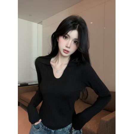 FA53200# 新款锁骨坑条u翻领软糯坑条安迪绒内搭长袖打底修身上衣女 服裝批發女裝批發服飾貨源