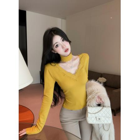 FA53201# 新款设计收腰显瘦前后领口拼蕾丝边脖套V领长袖上衣女 服裝批發女裝批發服飾貨源