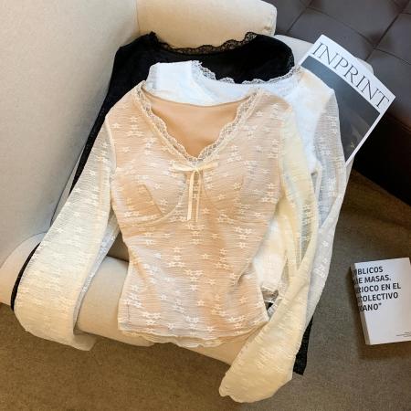 FA53202# 纯欲风性感蕾丝拼接V领长袖T恤打底衫女白色显瘦内搭上衣 服裝批發女裝批發服飾貨源