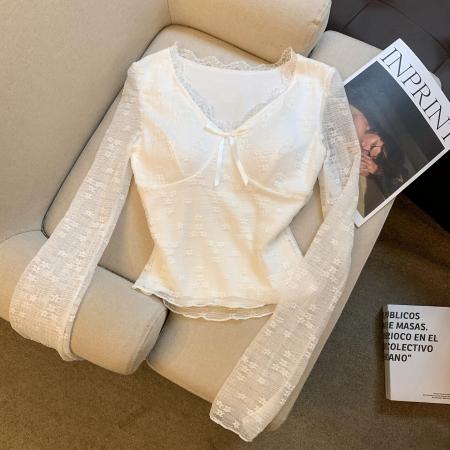 FA53202# 纯欲风性感蕾丝拼接V领长袖T恤打底衫女白色显瘦内搭上衣 服裝批發女裝批發服飾貨源