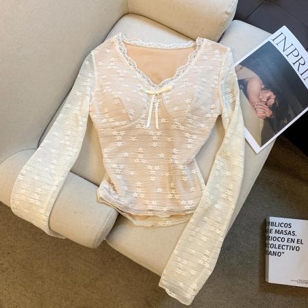 FA53202# 纯欲风性感蕾丝拼接V领长袖T恤打底衫女白色显瘦内搭上衣 服裝批發女裝批發服飾貨源