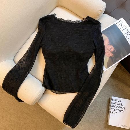 FA53202# 纯欲风性感蕾丝拼接V领长袖T恤打底衫女白色显瘦内搭上衣 服裝批發女裝批發服飾貨源