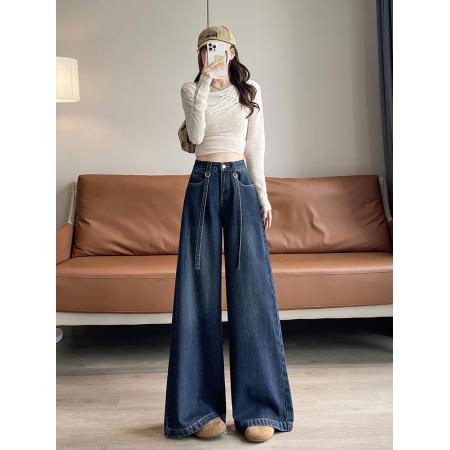 FA53204# 美式阔腿牛仔裤女秋季新款高腰宽松显瘦绑带直筒拖地裤 服裝批發女裝批發服飾貨源