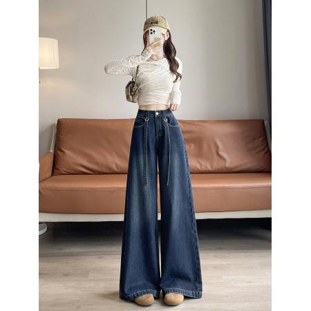 FA53204# 美式阔腿牛仔裤女秋季新款高腰宽松显瘦绑带直筒拖地裤 服裝批發女裝批發服飾貨源