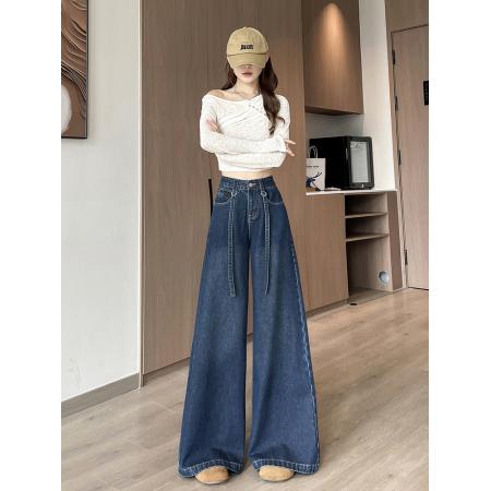 FA53204# 美式阔腿牛仔裤女秋季新款高腰宽松显瘦绑带直筒拖地裤 服裝批發女裝批發服飾貨源