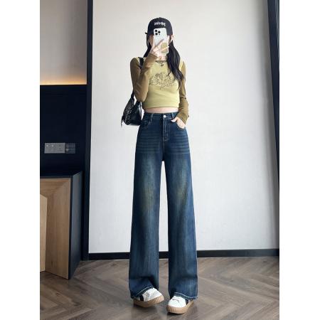 FA53205# 复古窄版阔腿牛仔裤女秋季新款高腰显瘦时髦百搭直筒裤 服裝批發女裝批發服飾貨源