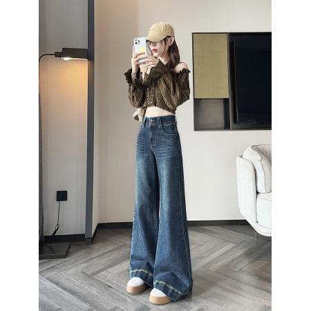 FA53206# 刺绣阔腿牛仔裤女长裤春秋季新款高腰显瘦不贴腿窄版喇叭裤子 服裝批發女裝批發服飾貨源