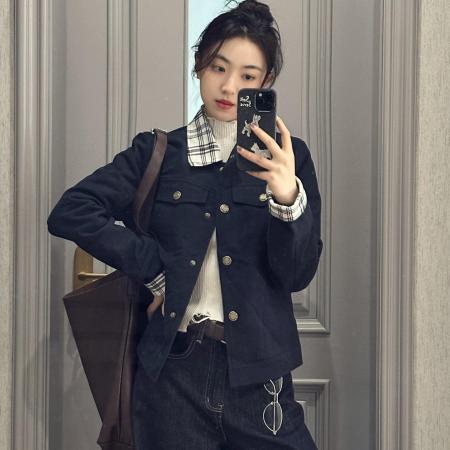 FA53213# 独特漂亮的初秋外套女新款小个子休闲翻领格纹拼接夹克潮 服裝批發女裝批發服飾貨源