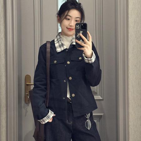 FA53213# 独特漂亮的初秋外套女新款小个子休闲翻领格纹拼接夹克潮 服裝批發女裝批發服飾貨源
