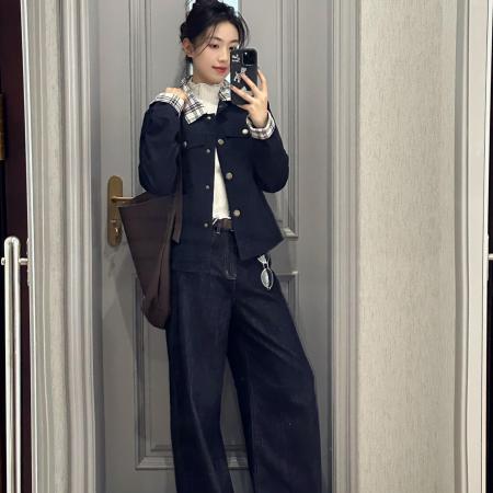 FA53213# 独特漂亮的初秋外套女新款小个子休闲翻领格纹拼接夹克潮 服裝批發女裝批發服飾貨源