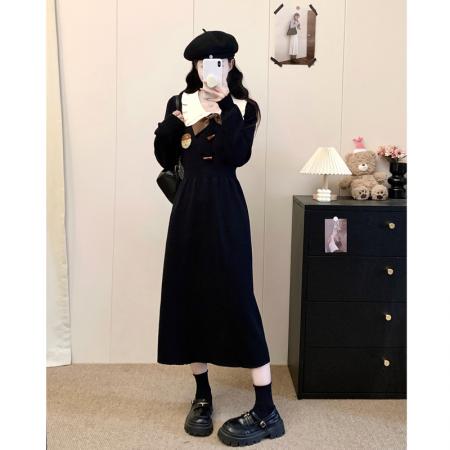 FA53214# 微胖大码女装胖mm黑色娃娃领长袖连衣裙女秋冬显瘦打底裙子 服裝批發女裝批發服飾貨源