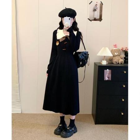 FA53214# 微胖大码女装胖mm黑色娃娃领长袖连衣裙女秋冬显瘦打底裙子 服裝批發女裝批發服飾貨源