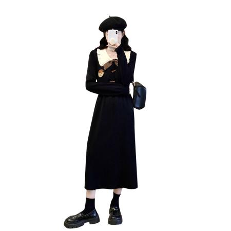 FA53214# 微胖大码女装胖mm黑色娃娃领长袖连衣裙女秋冬显瘦打底裙子 服裝批發女裝批發服飾貨源