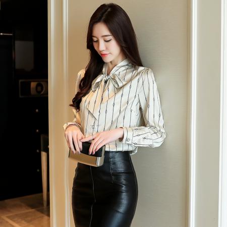 FA53215# 长袖雪纺衫上衣秋装新款花色系带衬衫荷叶领蝴蝶结小衫打底衫 服裝批發女裝批發服飾貨源