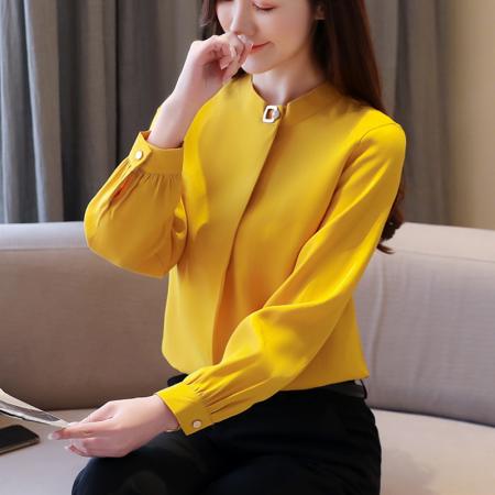 FA53216# 春装新款女装大码胖mm仿真丝黄色雪纺衫衬衫上衣女打底衫 服裝批發女裝批發服飾貨源