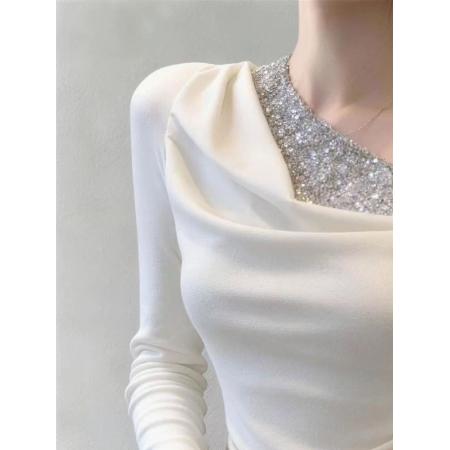 FA53221# 秋冬拼接斜领露肩修身显瘦打底衫女内搭设计感长袖t恤上衣 服裝批發女裝批發服飾貨源