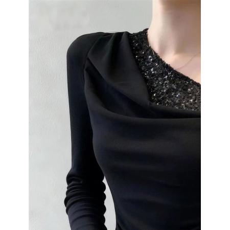 FA53221# 秋冬拼接斜领露肩修身显瘦打底衫女内搭设计感长袖t恤上衣 服裝批發女裝批發服飾貨源