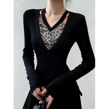 FA53223# v领法式烫钻收腰显瘦绝美上衣磨毛加绒打底衫女内搭秋冬 服裝批發女裝批發服飾貨源