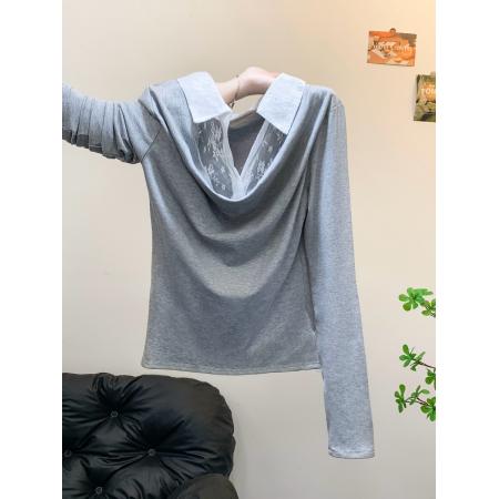 FA53224# 秋季新款韩版小众设计蕾丝拼接翻领套头修身9百搭长袖T恤 服裝批發女裝批發服飾貨源