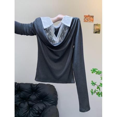 FA53224# 秋季新款韩版小众设计蕾丝拼接翻领套头修身9百搭长袖T恤 服裝批發女裝批發服飾貨源