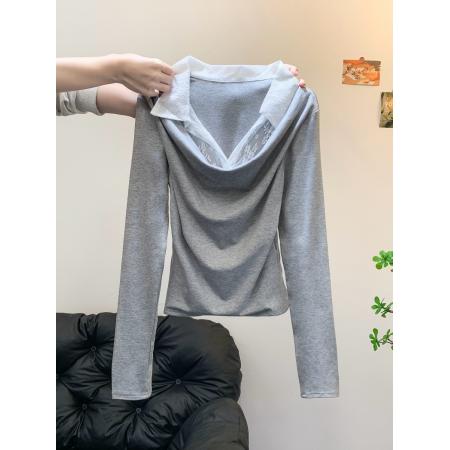 FA53224# 秋季新款韩版小众设计蕾丝拼接翻领套头修身9百搭长袖T恤 服裝批發女裝批發服飾貨源