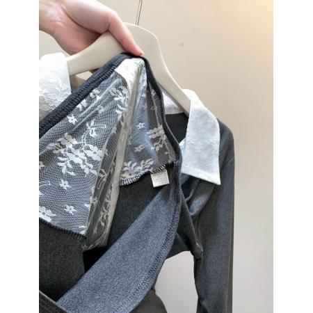 FA53224# 秋季新款韩版小众设计蕾丝拼接翻领套头修身9百搭长袖T恤 服裝批發女裝批發服飾貨源