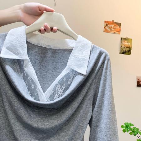 FA53224# 秋季新款韩版小众设计蕾丝拼接翻领套头修身9百搭长袖T恤 服裝批發女裝批發服飾貨源