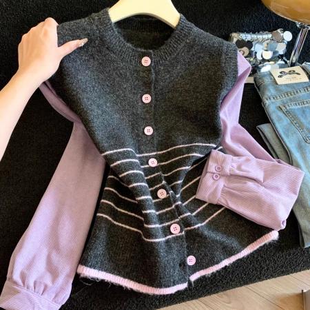 FA53225# 条纹拼色毛衣开衫女宽松秋冬新款设计感假两件拼接针织上衣潮 服裝批發女裝批發服飾貨源