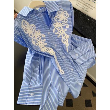 FA53226# 蓝色条纹polo领设计感长袖衬衫女上衣小个子新款超火减龄衬衣 服裝批發女裝批發服飾貨源