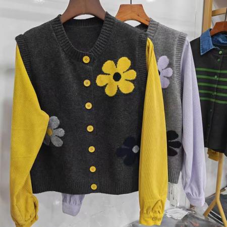 FA53227# 假两件高级感条纹毛衣女秋冬新款百搭宽松拼接针织衫上衣外套 服裝批發女裝批發服飾貨源