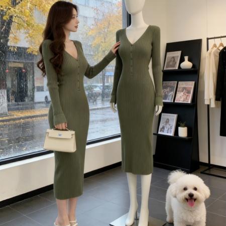 FA53228# 韩国轻熟优雅风V领针织连衣裙女早春新款设计感修身显瘦气质长裙 服裝批發女裝批發服飾貨源