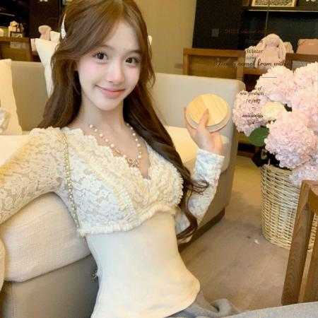 FA53229# 维斯小姐美貌并存主推!!功能单穿打底衫朦胧感花瓣蕾丝衫上衣 服裝批發女裝批發服飾貨源