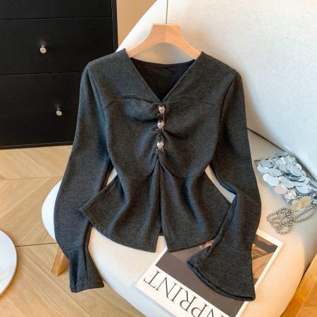 FA53230# 法式蕾丝V领喇叭长袖衬衫女春秋新款设计感短款修身上衣 服裝批發女裝批發服飾貨源