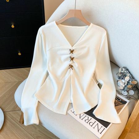 FA53230# 法式蕾丝V领喇叭长袖衬衫女春秋新款设计感短款修身上衣 服裝批發女裝批發服飾貨源