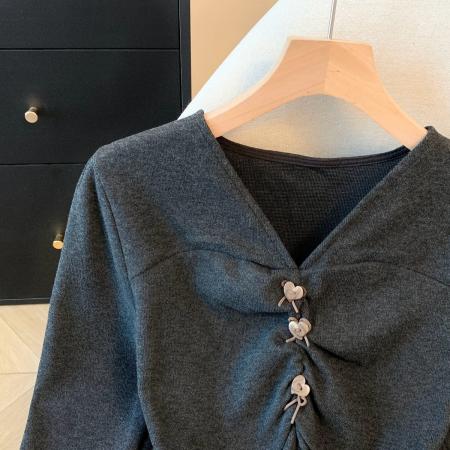 FA53230# 法式蕾丝V领喇叭长袖衬衫女春秋新款设计感短款修身上衣 服裝批發女裝批發服飾貨源