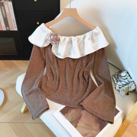 FA53231# 法式高级感设计感长袖T恤女装秋冬一字肩花朵短款荷叶边上衣 服裝批發女裝批發服飾貨源